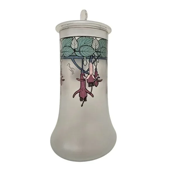 10 Mucha Art Glass Fuchsia Design Satin Glass Canister With Lid